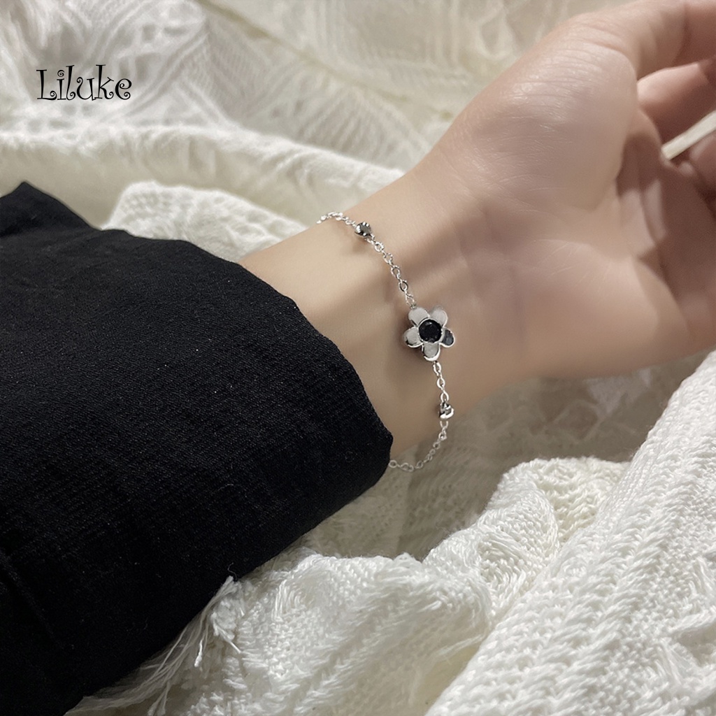 Vòng Tay Hợp Kim Mạ Bạc Trang Trí Hoa Năm Cánh Đính Đá Thời Trang Cho Nữ