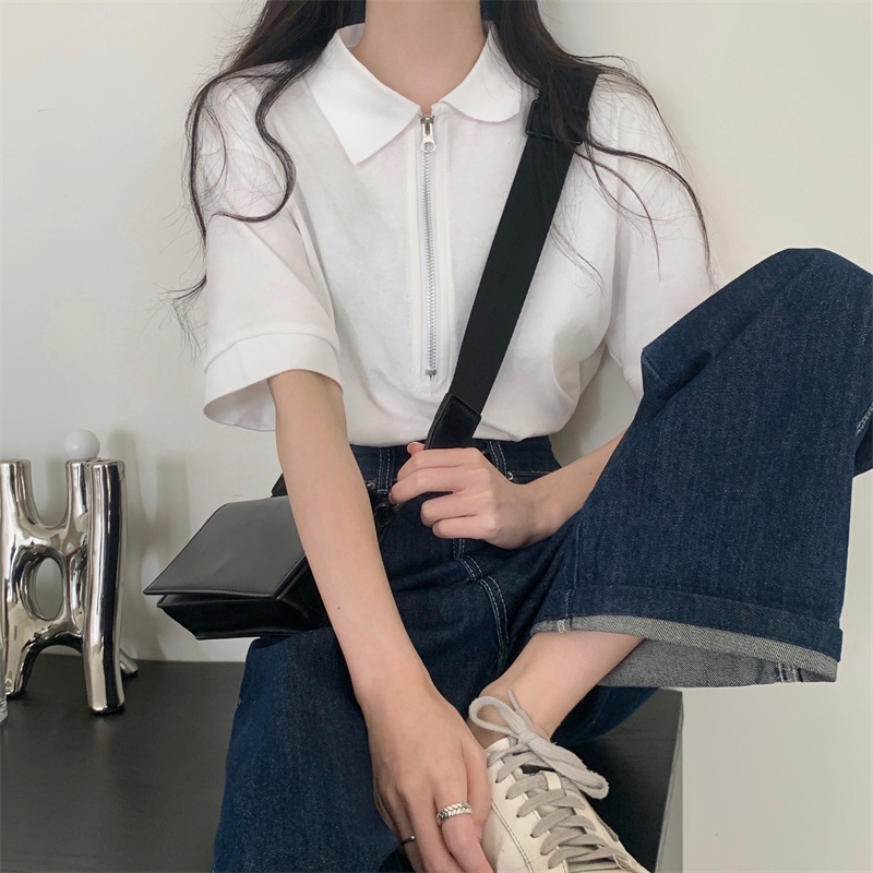 Áo Thun polo Màu Đen Tay Ngắn Có Khóa Kéo Thời Trang Cho Nữ