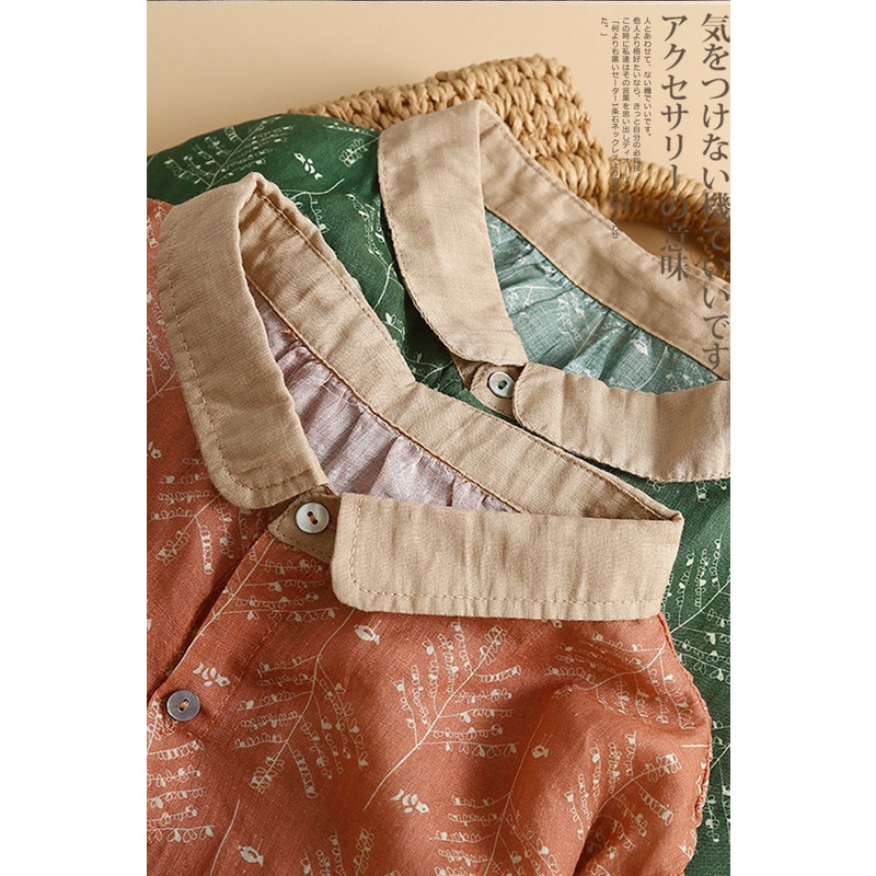 Ice pick up! Printed cotton linen tops short-sleeved shirt lapel ramie thin brand cut label