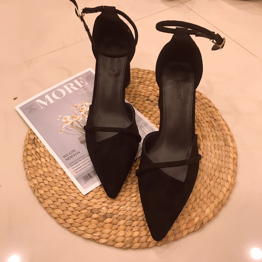 Giày cao gót nữ ⚡️𝐅𝐑𝐄𝐄 𝐒𝐇𝐈𝐏⚡️ Sandal cao gót 7 phân, mũi nhọn, da lộn đế to tròn hàng Quảng Châu chất lượng cao