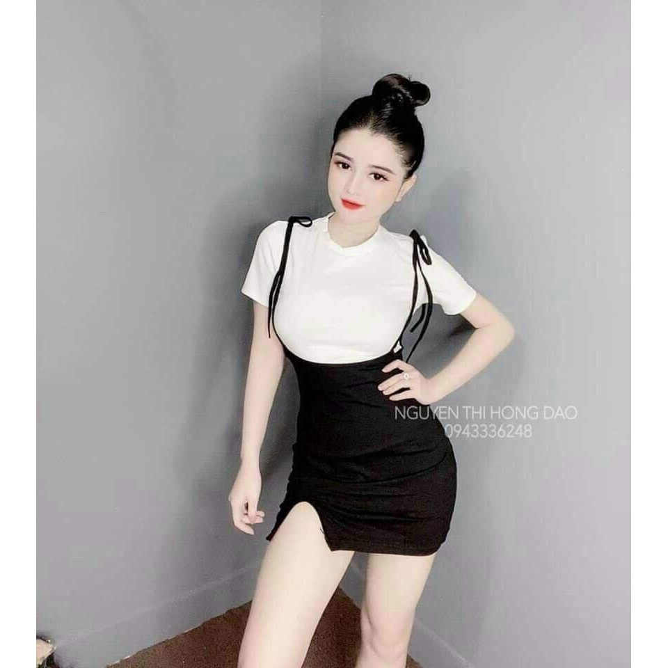 Sét áo cổ tròn trơn phối yếm cột dây xẻ tà cực xinh , chất thun bozip dày dặn