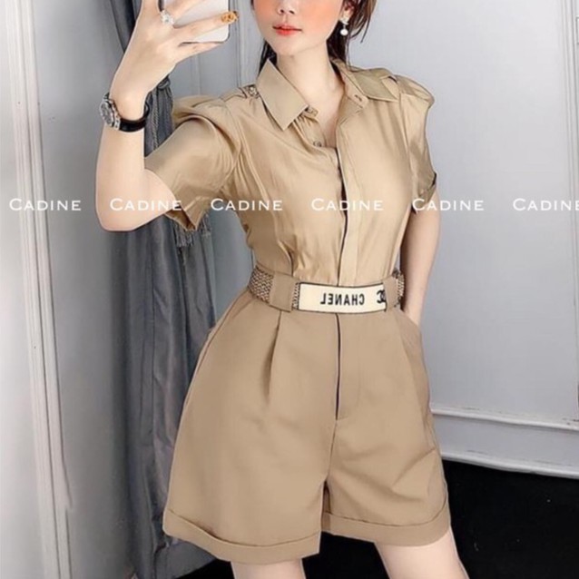 Jumsuit Nữ Jum Quần Áo Sơ Mi Ngắn Tay Quần Sooc Kèm Đai Màu Nâu Sang Chảnh
