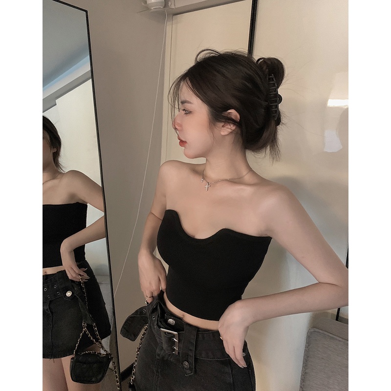 Kumikumi HUANG YOYO Áo Ống Ngắn Dệt Kim Phong Cách Hàn Quốc Thời Trang Dành Cho Nữ croptop không dây áo lót nữ