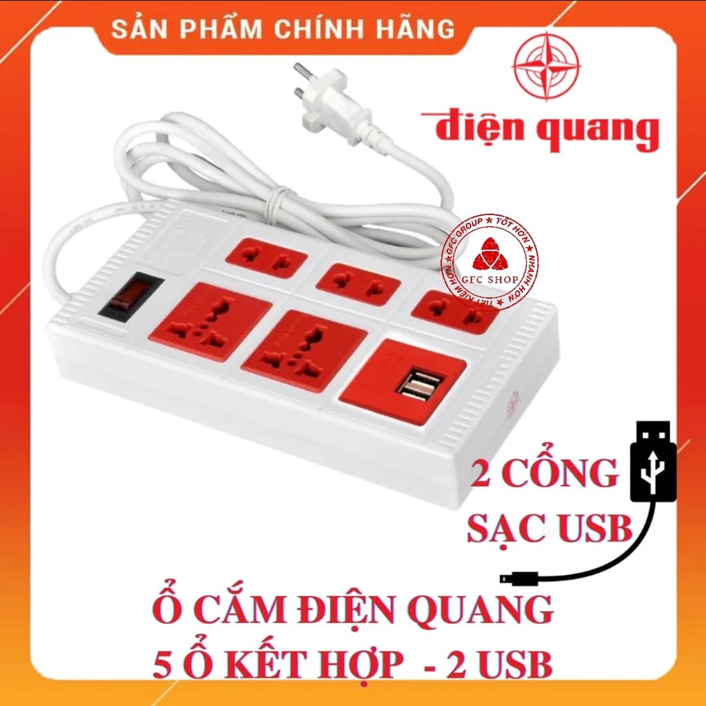 Ổ Cắm Điện Quang ECO 5 lỗ 2 cổng USB 2.0A màu đỏ trắng Model ĐQ ESK 5ECO 2A