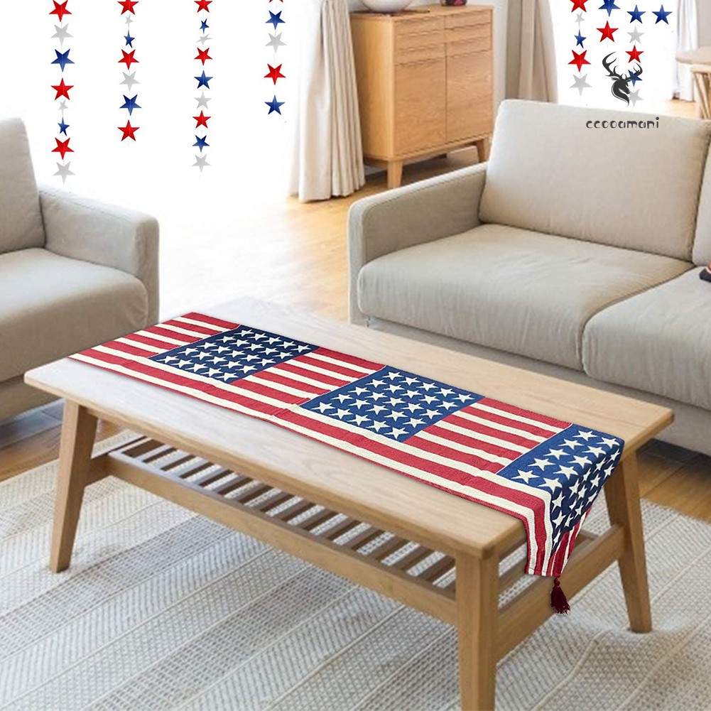 💎CCOO 180cm US Flag Stars Stripes Tablecloth Dining Table Runner Cover Holiday Decor