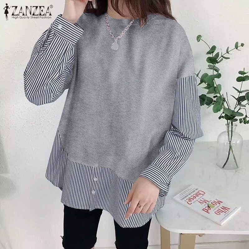 Áo kiểu ZANZEA giả hai lớp kẻ sọc tay dài cổ chữ O thời trang cho nữ