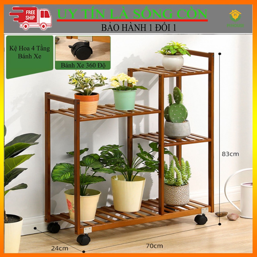 Kệ Hoa Gỗ Tre Chữ H 4 tầng Lệch Ngăn Có Bánh Xe Hiện Đại, Giá Để Chậu Hoa Cây Cảnh Bonsai KT 83x70x24cm