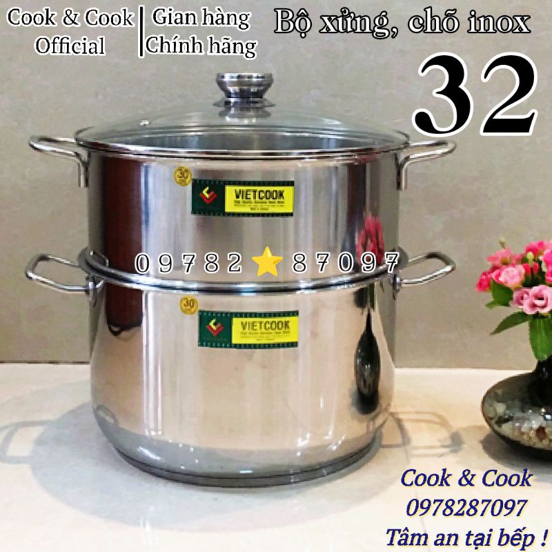 [CHÍNH HÃNG] Bộ xửng hấp inox size 32 cm Vietcook (nồi 15 lít) đáy từ, Chõ hấp, đồ xôi inox 6 đến 8 kg gạo