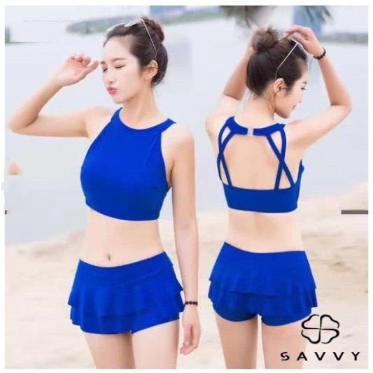 (Xanh coban) Đồ bơi, bikini 2 mảnh áo tắm cổ yếm, quần giả váy 3 màu xanh đen đỏ Savvy cao cấp nổi bật New