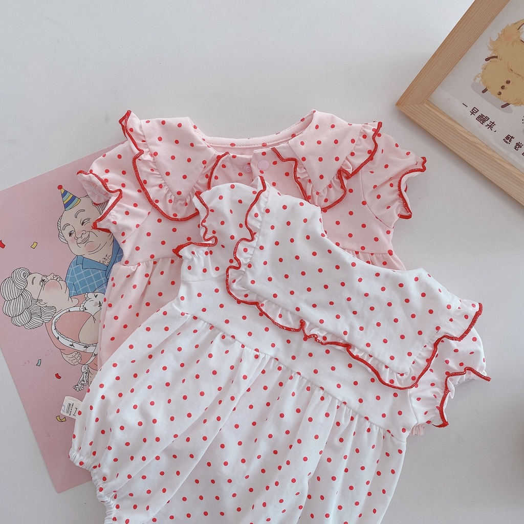 Áo Liền Quần Tay Ngắn Cổ Búp Bê Phối Ren Họa Tiết Chấm Bi Thời Trang Mùa Hè Dễ Thương Cho Bé Gái | BigBuy360 - bigbuy360.vn