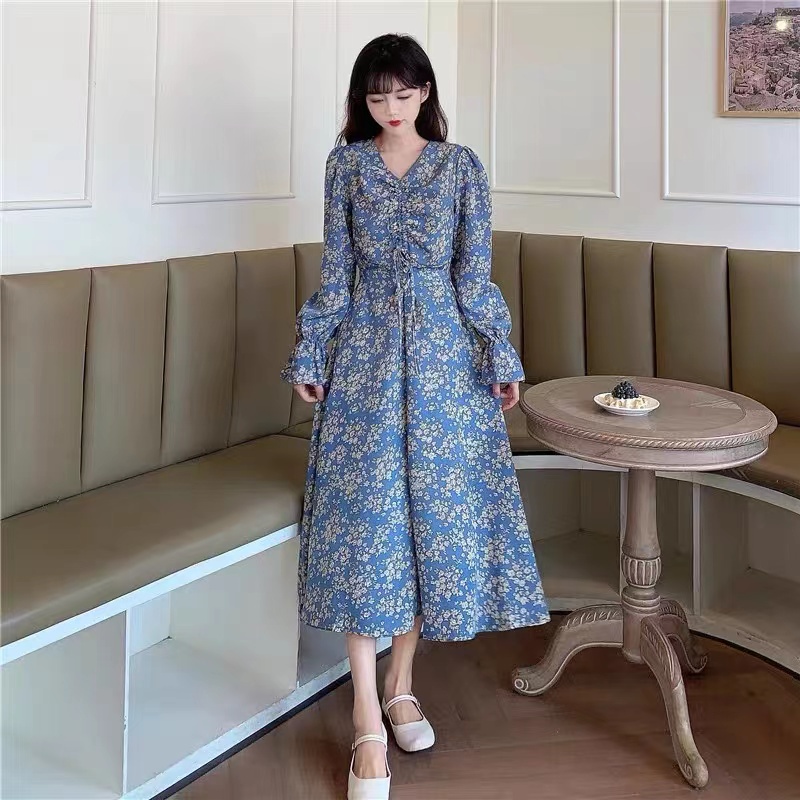 váy xanh đầm dài váy hoa nhí vintage đầm công sở váy cổ v đầm bigsize nữ đầm đi tiệc váy tiểu thư sang chảnh váy nữ xinh đầm tay dài