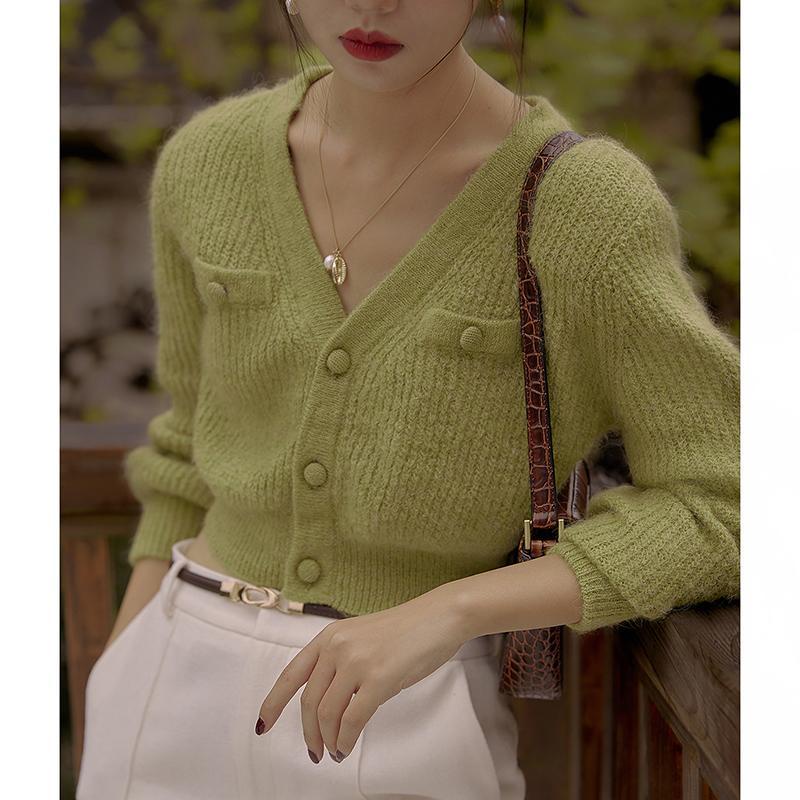 Áo khoác cardigan dệt kim cổ chữ V phong cách retro mới mùa thu/ đông 2021