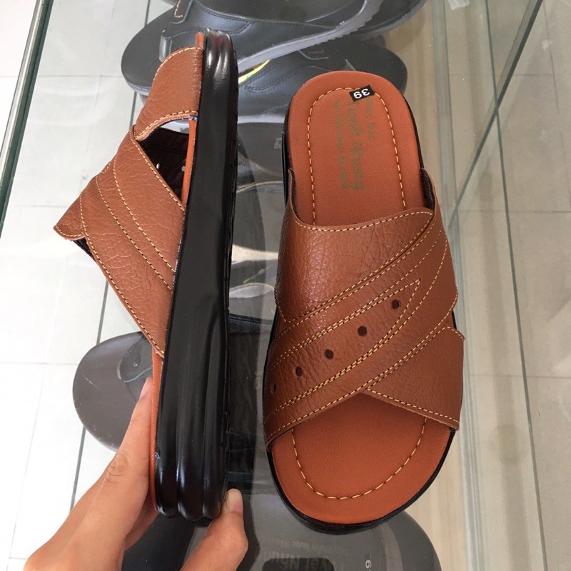 Dép da nam đế cao 2cm màu vàng/nâu bản chéo