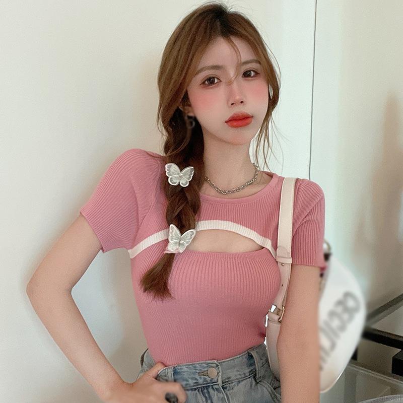 Áo dệt kim cổ tròn tay ngắn form ôm thời trang mùa hè trẻ trung cho nữ