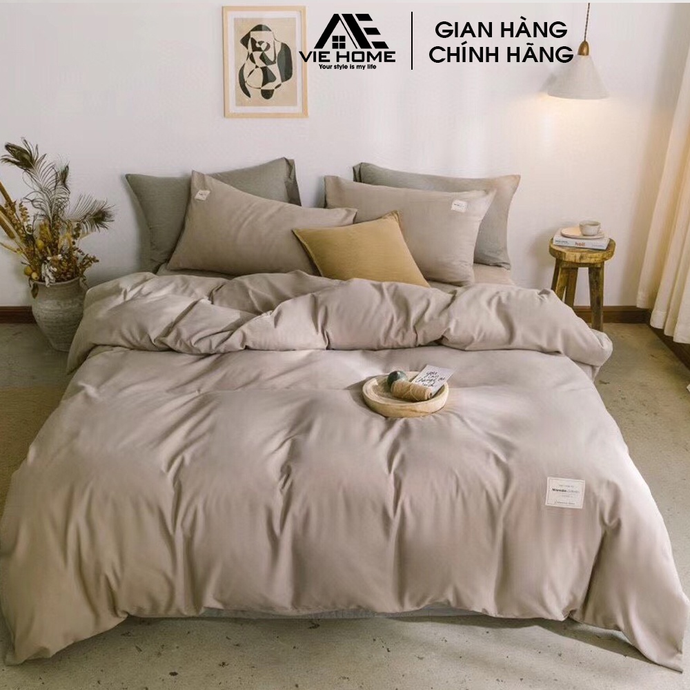 Bộ chăn ga gối cotton tici VIE HOME cotton đũi phong cách hàn quốc trơn màu đẹp