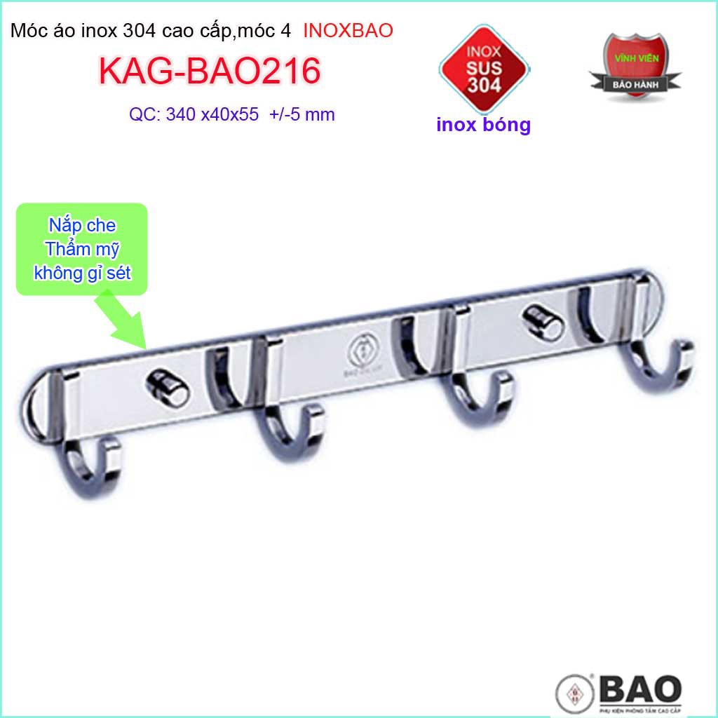 Móc 4 Inox Bảo KAG-BAO216, móc áo phòng tắm SUS304 hộp đúc vuông sang trọng thiết kế tin tế đến từng chi tiết