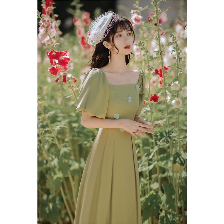 Đầm Dài Cổ Vuông Tay Phồng Thời Trang Mùa Hè Phong Cách Retro Pháp Cho Nữ