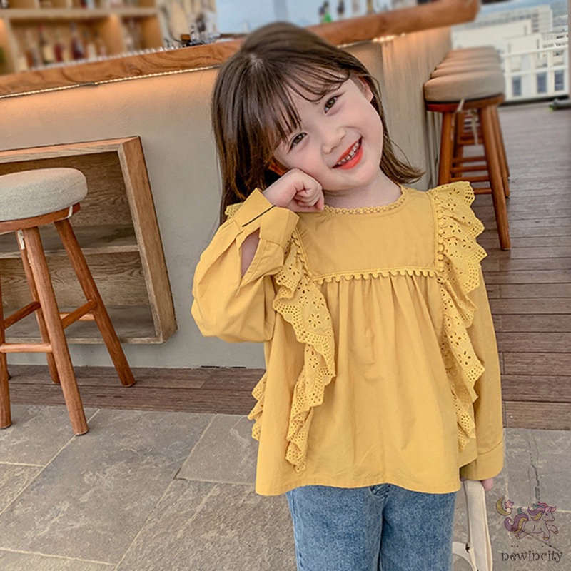 Áo kiểu tay dài phối ren phong cách Hàn Quốc xinh xắn dễ phối đồ cho bé gái