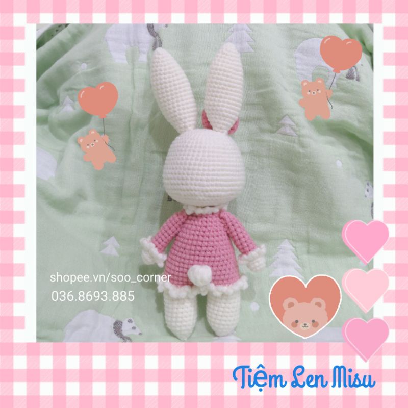 Thỏ Bunny Amigurumi Nhồi Bông Váy Hồng Len Móc Xinh Xắn