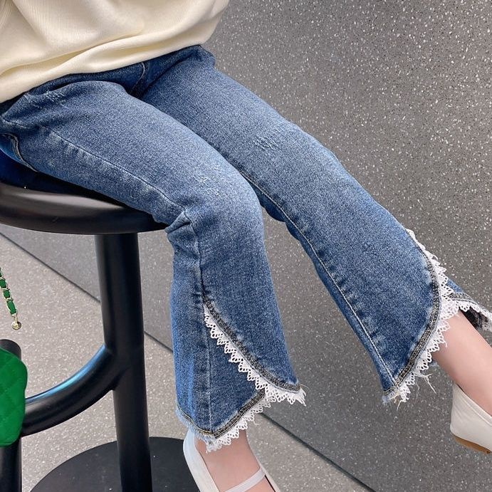Mới Quần Jeans Ống Loe Phối Ren Thời Trang 2022 Cho Bé Gái