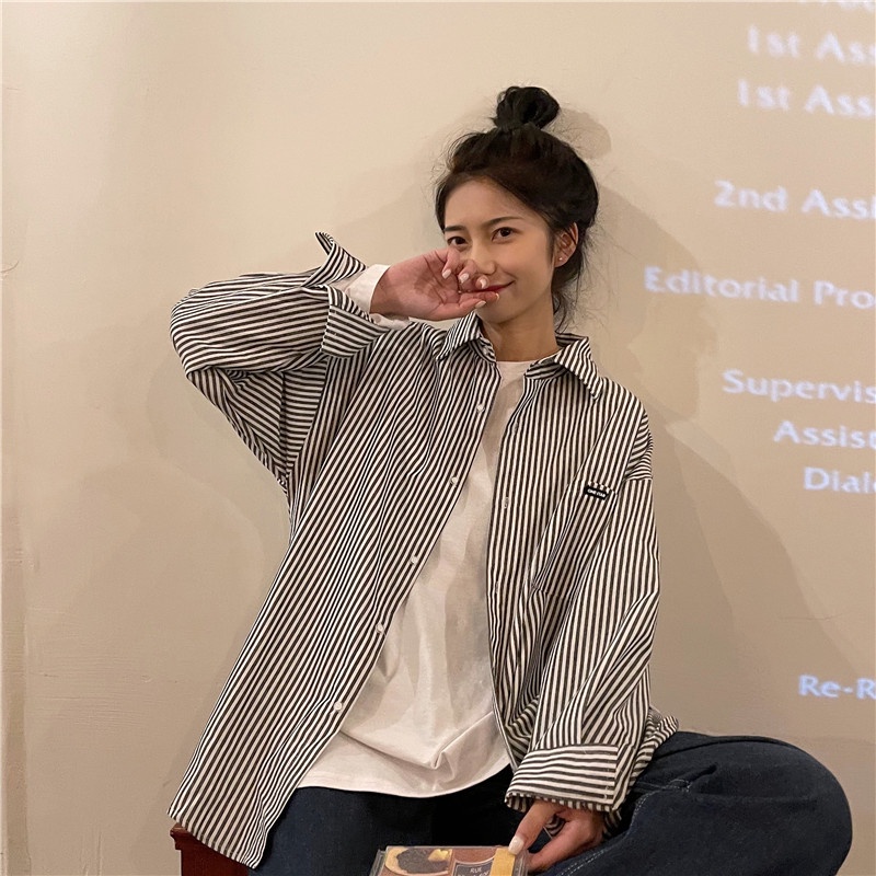 Áo sơ mi SUXI tay dài dáng rộng họa tiết kẻ sọc dễ phối đồ phong cách Hàn Quốc thời trang dành cho nữ