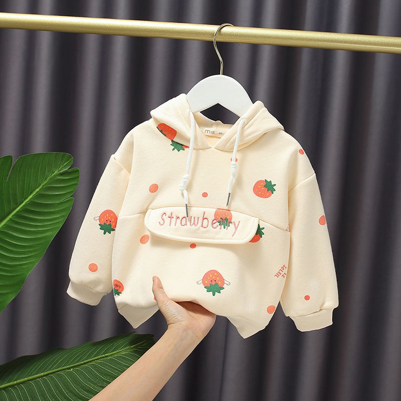 Áo hoodie lót nhung mịn hình dâu tây bé gái size 7-14kg (HÀNG QCCC) AT04