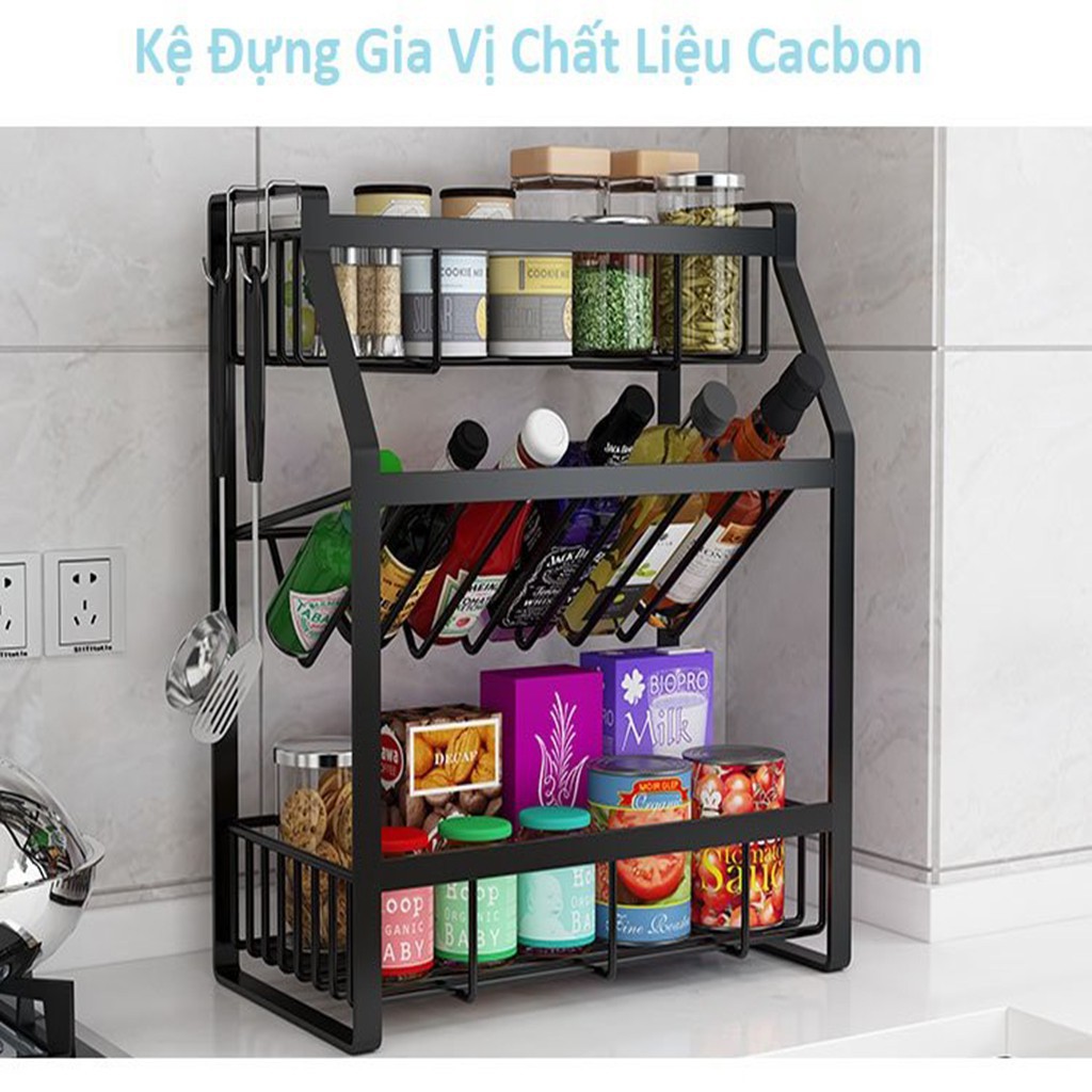 Kệ Bếp,kệ đựng gia vị đa năng 3 tầng có 1 ngăn chéo bằng thép sơn tĩnh điện nguyên khối chắc chắn bền đẹp tiện ích