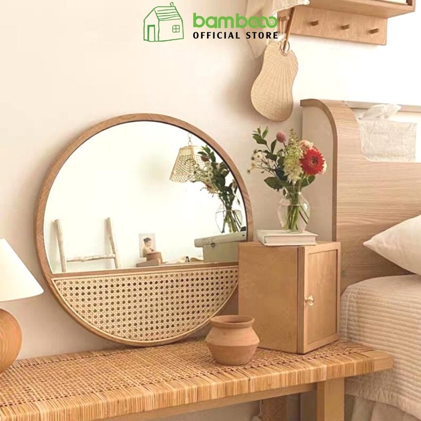 Gương vintage BAMBOOO ECO cao cấp phong cách Nhật Bản gỗ tần bì kết hợp sợi mây đan mắt cáo tự nhiên