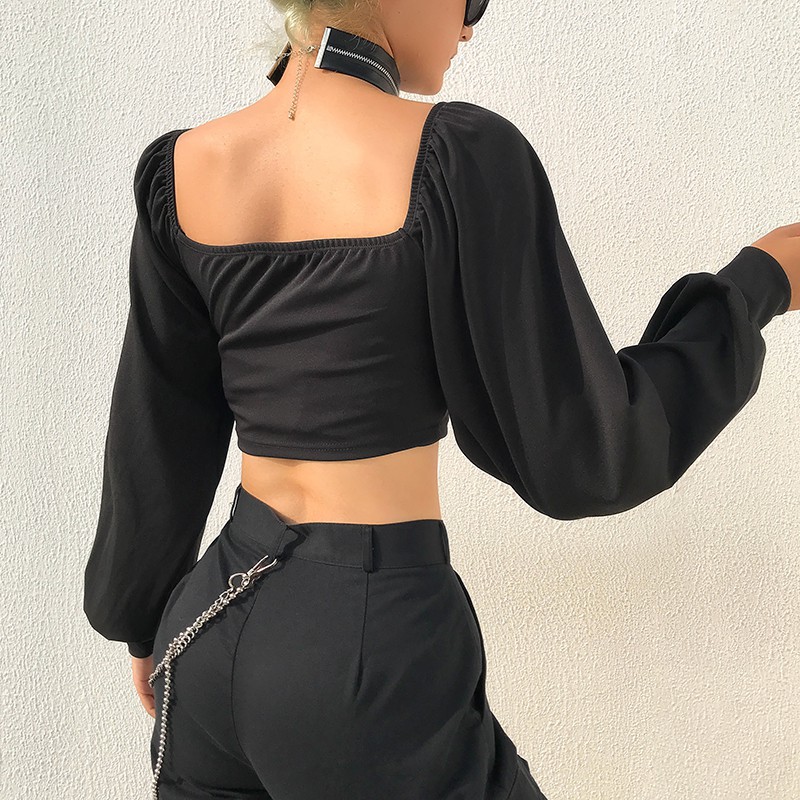 Áo croptop cổ vuông tay dài 3 ngăn dây kéo có xích cá tính ôm body ulzzang ( 2 màu )