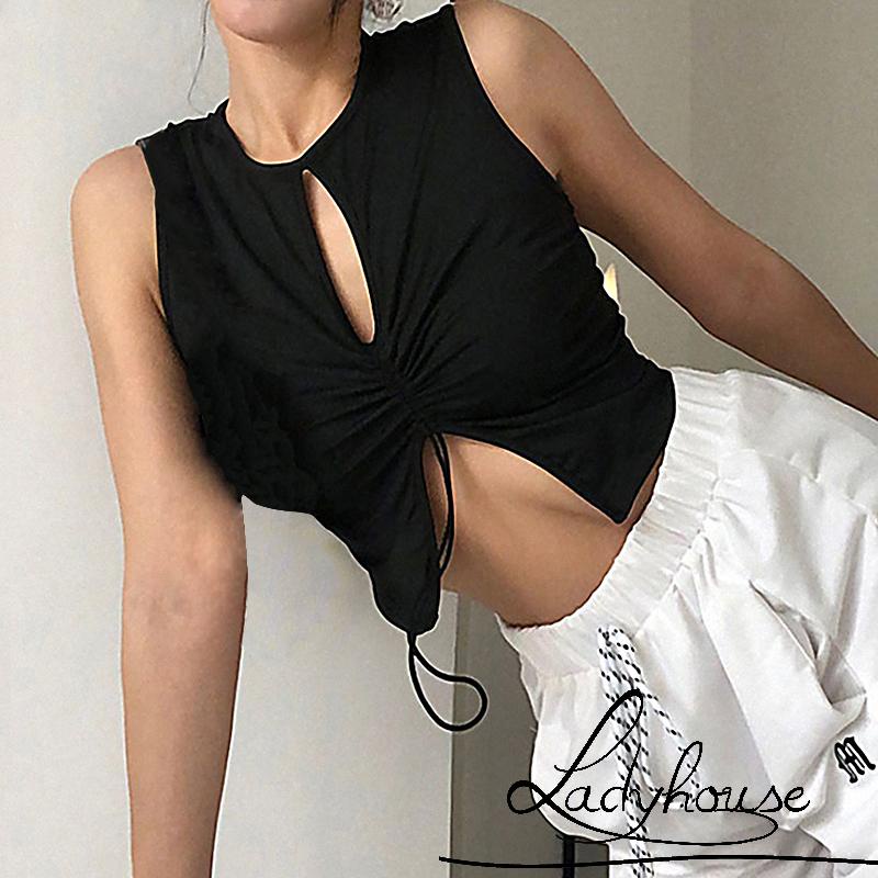 Áo Croptop Không Tay Màu Trơn Thiết Kế Hở Lỗ Phối Dây Rút Thời Trang Mùa Hè Cho Nữ