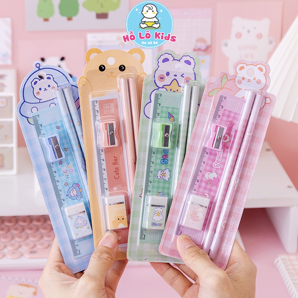 Bộ 4 chi tiết bút chì, thước kẻ, gọt bút, tẩy xinh xắn siêu tiện lợi Hồ Lô Kids