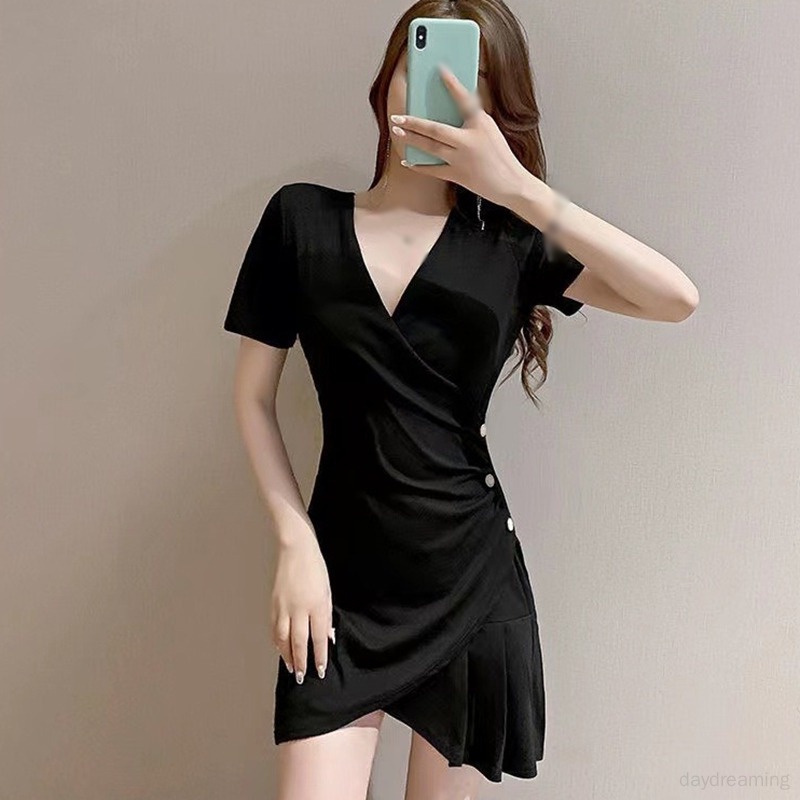 Đầm Đen Tay Ngắn Cổ Chữ V Thiết Kế Không Đồng Đều Xinh Xắn Thời Trang Dành Cho Nữ
