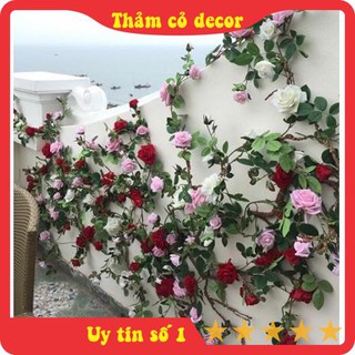 Dây hoa giả, Dây Hoa Hồng Leo Cổ dài 1m7, hồng leo giả decor thảm cỏ nhân tạo trang trí phòng khách, văn phòng, nhà hàng