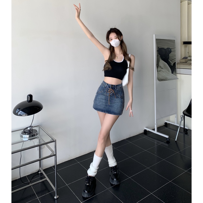 Chân Váy Denim Lưng Cao Thiết Kế Cột Dây Hợp Thời Trang