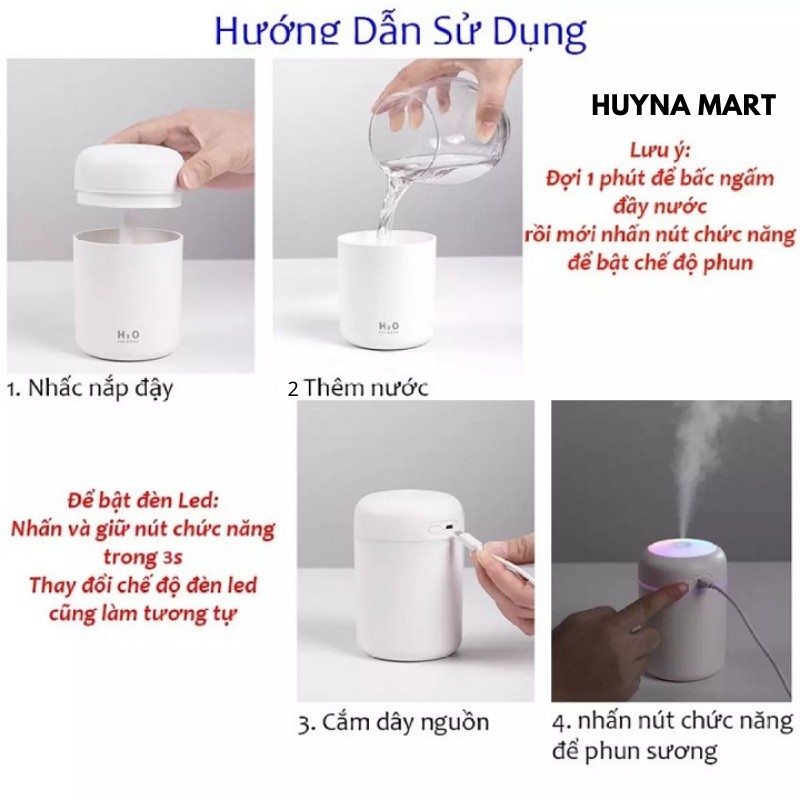 Máy Phun Sương Tạo Ẩm Cho Phòng Điều Hòa, Xe Hơi Có Đèn Led Nhiều Màu Mới 450ml (Tặng kèm 1 lõi lọc thay thế)