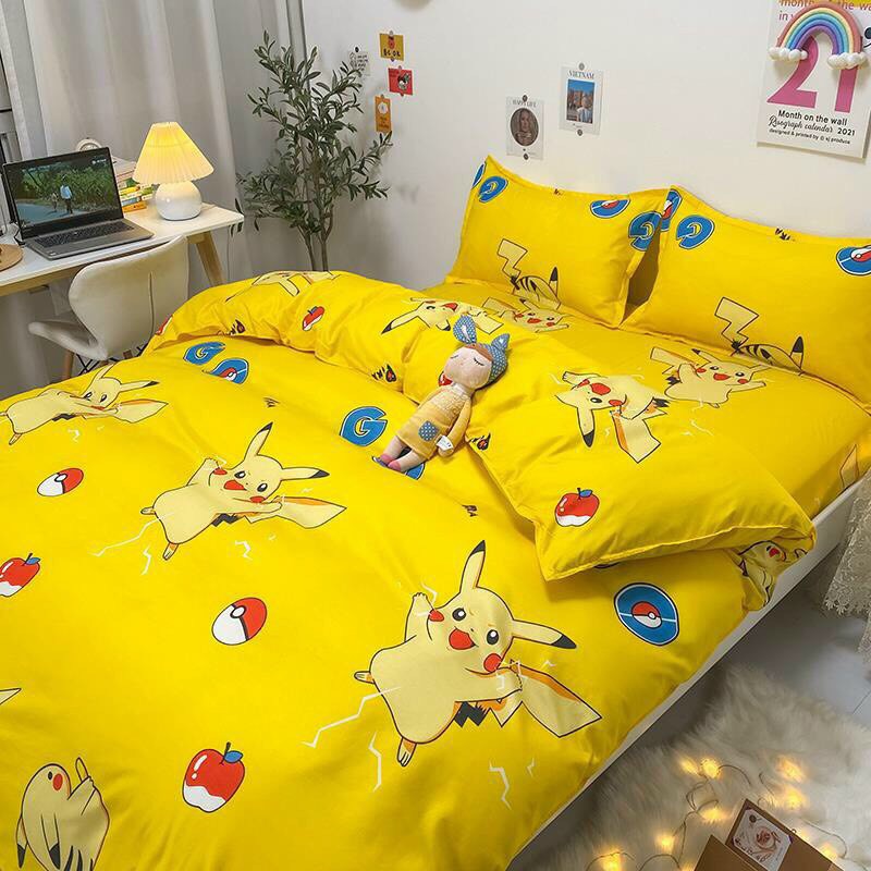 Bộ chăn ga gối , drap giường chất cotton poly họa tiết pikachu vàng