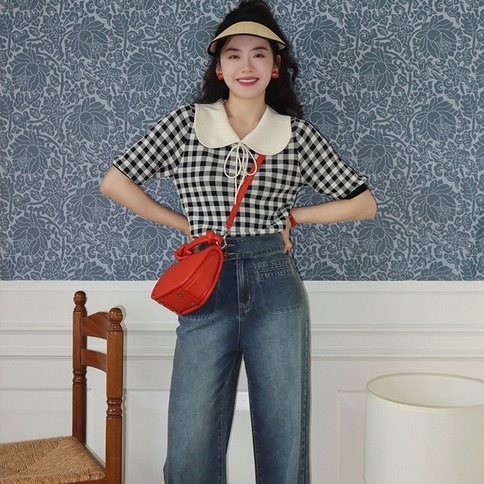 [Hana And Alice] Áo Dệt Kim POLO Ngắn Thắt Cà Vạt Kiểm Tra