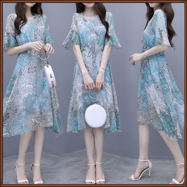 Đầm Chữ A Tay Loe Cổ Tròn In Họa Tiết Hoa Thời Trang Cho Nữ