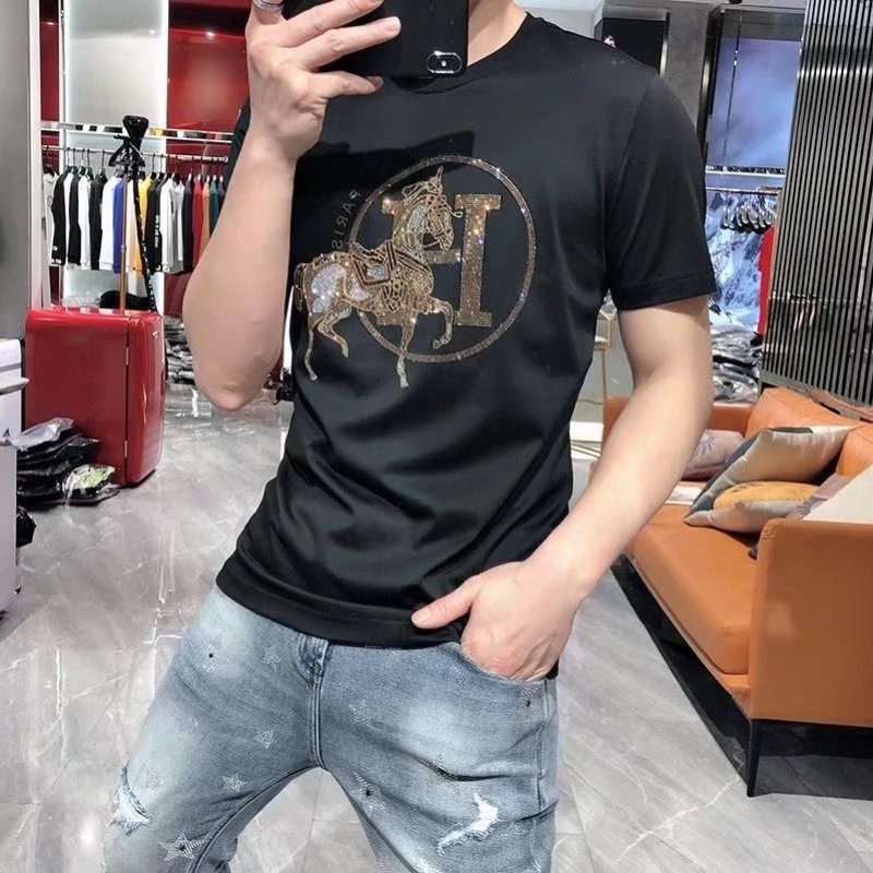 Áo Thun Cotton Ôm Dáng Ngắn Tay Đính Đá Thời Trang Châu Âu Mùa Hè Phong Cách Mới Cho Nam