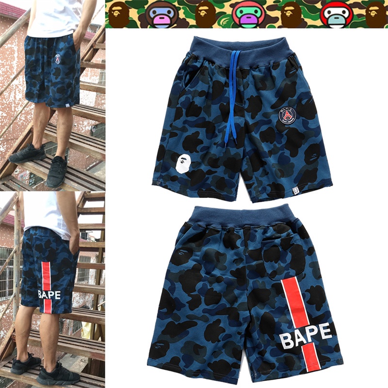 BAPE Quần Short Cotton Lưng Thun Ống Rộng Họa Tiết Rằn Ri In Hình Đầu Cá Mập Thời Trang Dành Cho Nam Và Nữ