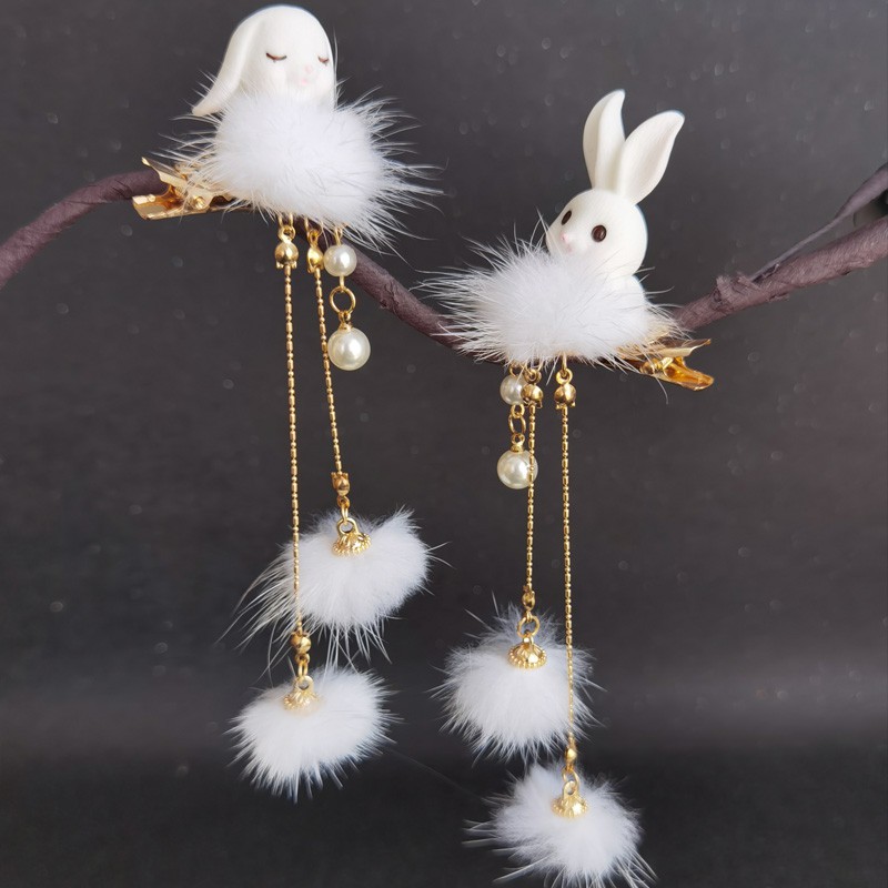 Kẹp tóc thỏ lông cute dễ thương , kẹp tóc lông hán phục cổ trang .