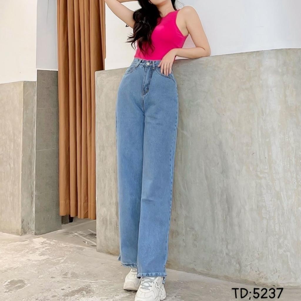 Quần jean nữ ống suông lai xẻ màu xanh nhạt, chất vải mềm mại, dày dặn phong cách Hàn Quốc MT5237