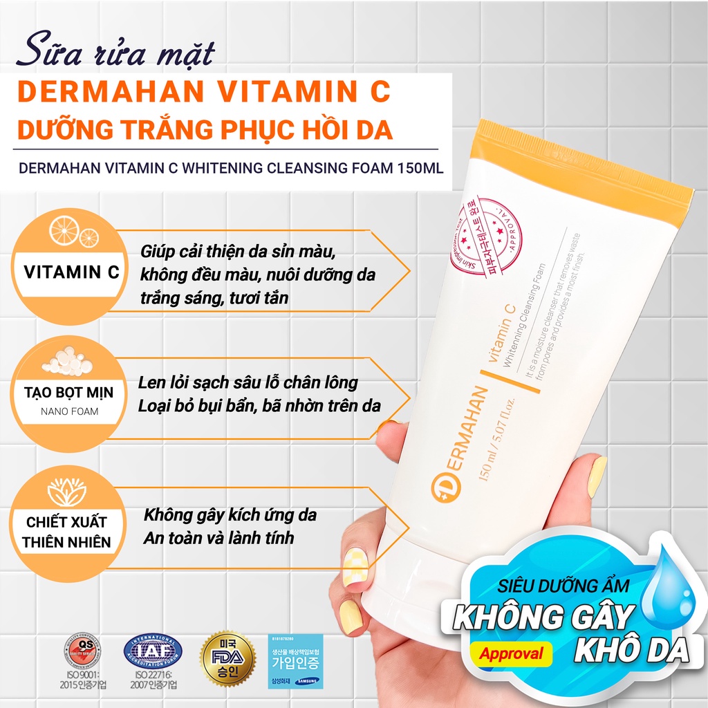 Sữa rửa mặt Dermahan Vitamin C Whitening Cleansing Foam 150ml