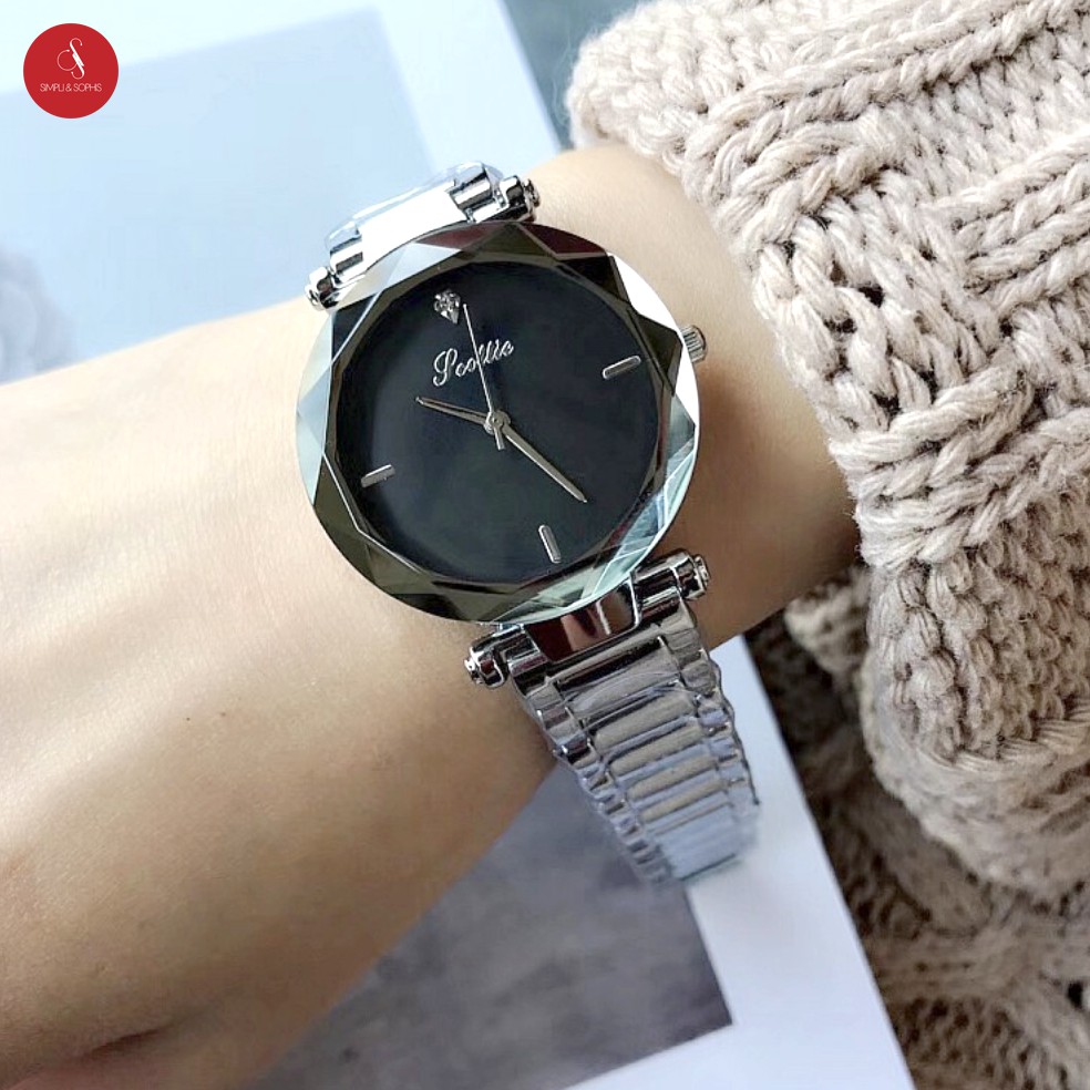 Đồng hồ nữ SCOTTIE 8053 cao cấp 33mm (Mặt đen dây xám) + Tặng Hộp đựng đồng hồ thời trang &amp; Pin
