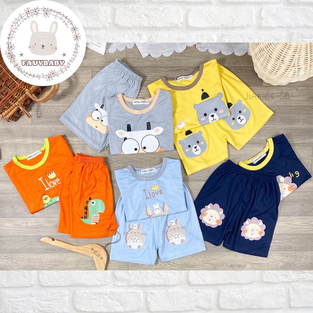 Bộ MINKY MOM Bé Trai Bé Gái Tay Ngắn Quần Cộc Thun Lạnh Màu Sắc Tươi Sáng Hình Gấu Bò Khủng Long Bé 0-5 Tuổi - Favybaby