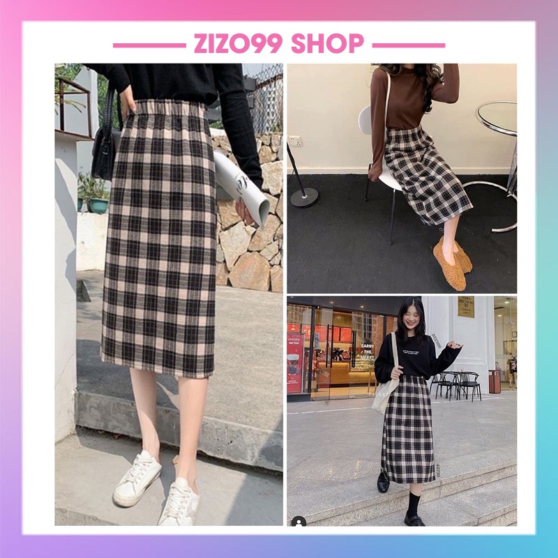 Chân váy dài qua gối, chân váy dạ kẻ caro 2 màu đen nâu Quảng Châu ( Hàng Đẹp )