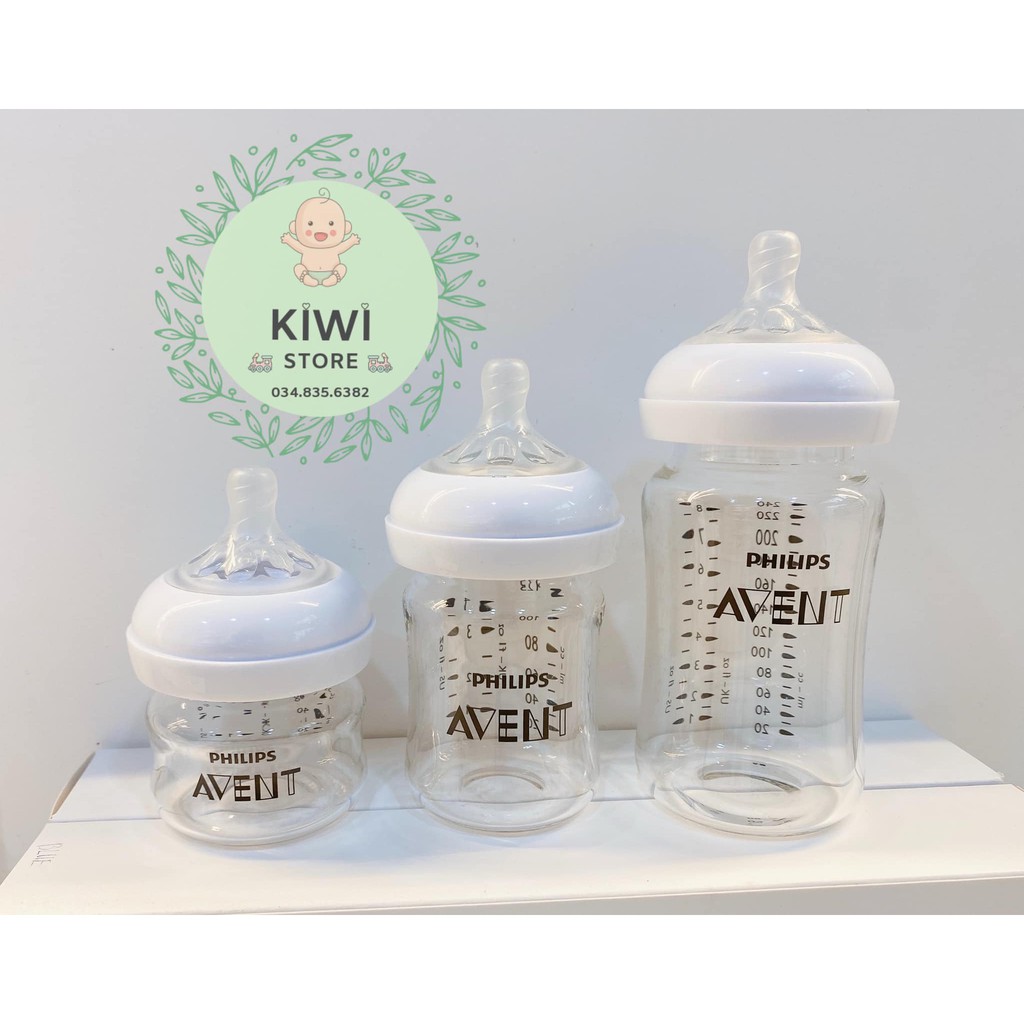 Bình sữa thủy tinh Avent Natural 60ml/125ml/240ml cho bé ( có đổi núm size )