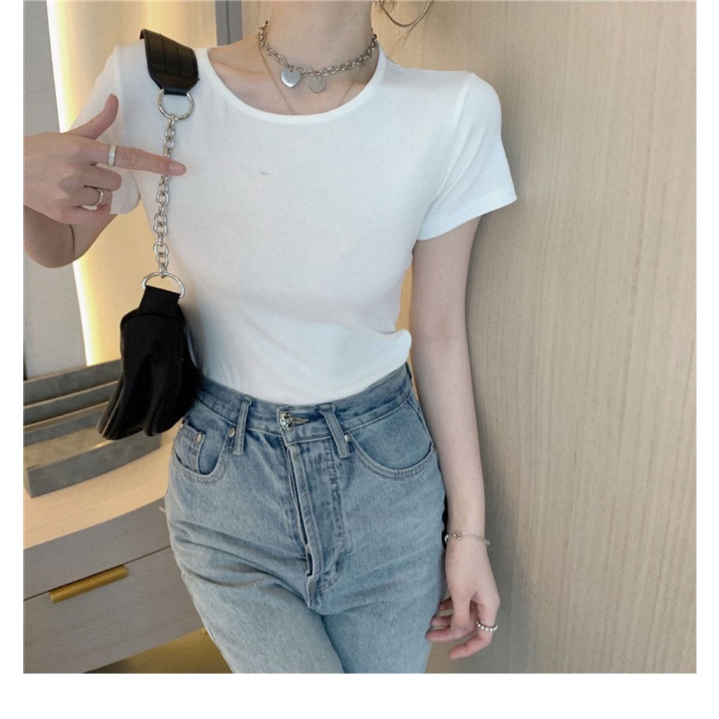 Áo thun ngắn tay xoắn lưng HAGA áo cổ tròn co giãn AXL17