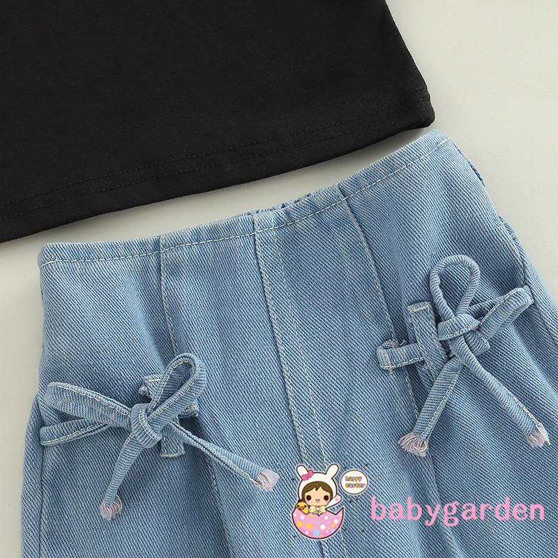 Bộ Áo Tay Phồng Cổ Tròn Màu Trơn + Quần Jean Buộc Dây Màu Trơn Thời Trang Cho Bé Gái 1-6 Tuổi