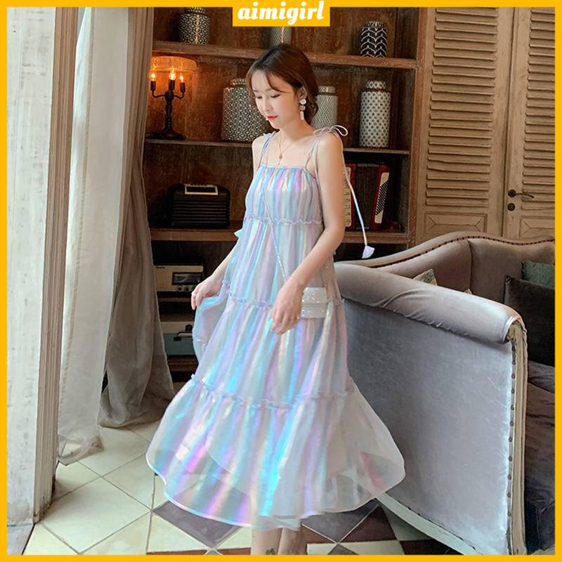 Đầm Chiffon Hai Dây Co Giãn Phối Bèo Màu Cầu Vồng Phong Cách Hàn Quốc